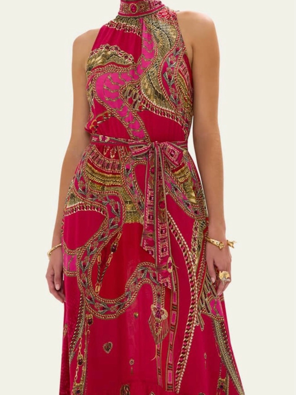 Elegant red and pink Maxi Dress in fun jewel print.